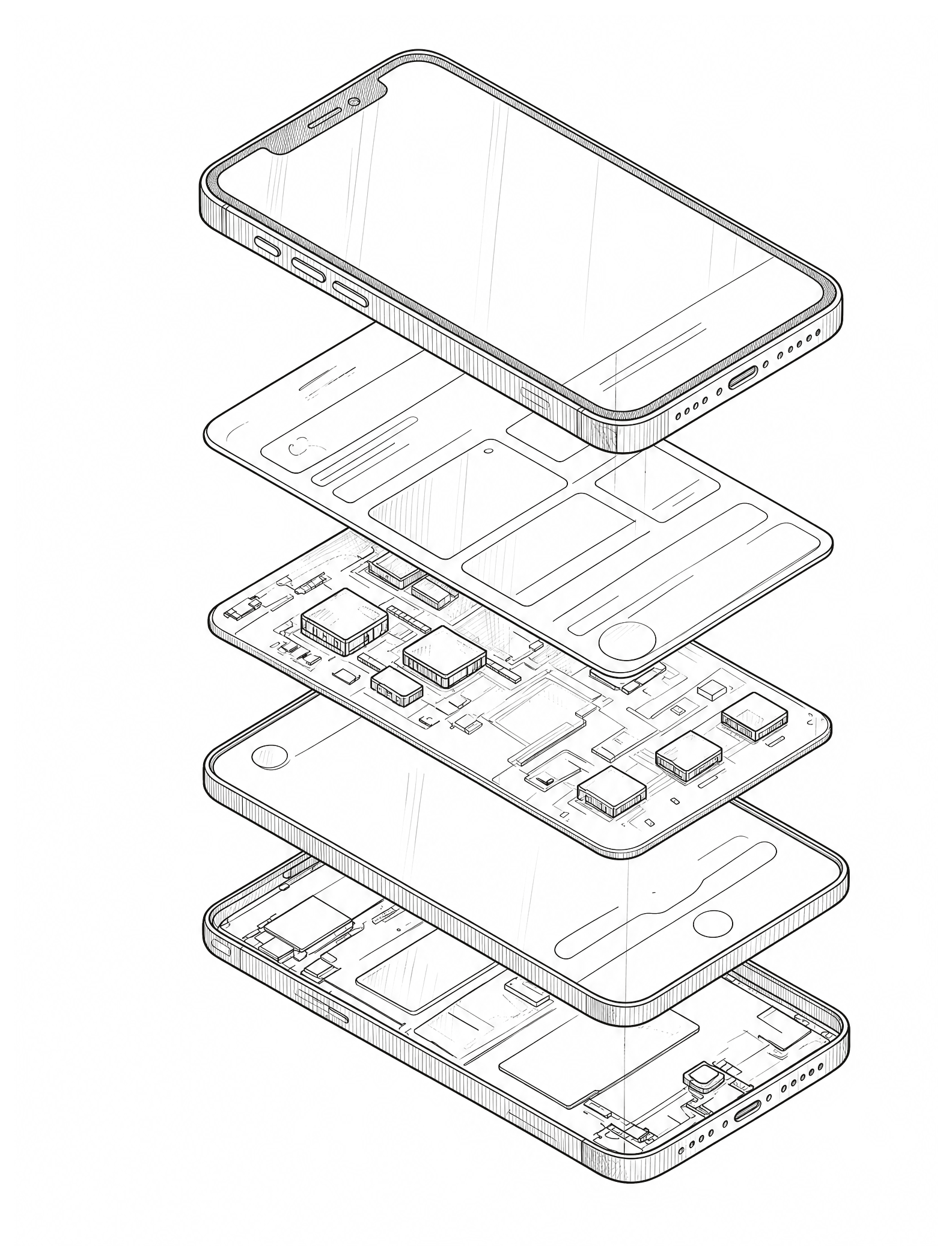 Line drawing of a smartphone taken apart into its layers: the screen, the interface, the logic, the data and the hardware.